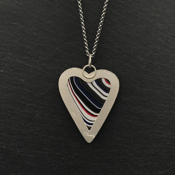 Back view of Fordite Heart Shaped Pendant Necklace 7 by tkmetalarts on sterling silver setting, comes on an 18 to 20 inch chain