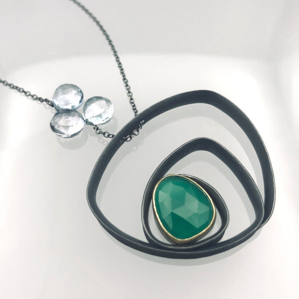 Glasgow Necklace rose cut green quartz and mystic topaz beads oxidized sterling 18k yellow gold