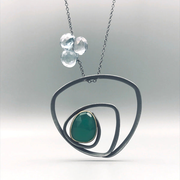 Glasgow Necklace rose cut green quartz and mystic topaz beads oxidized sterling 18k yellow gold