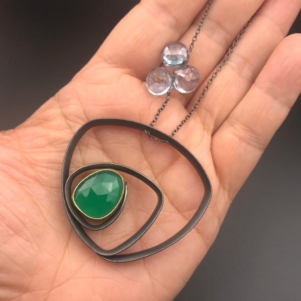 Glasgow Necklace rose cut green quartz and mystic topaz beads oxidized sterling 18k yellow gold