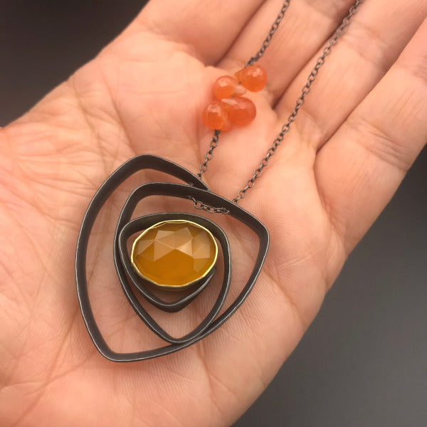 Glasgow Necklace with yellow chalcedony set in 18k gold orange carnelian beads oxidized sterling silver
