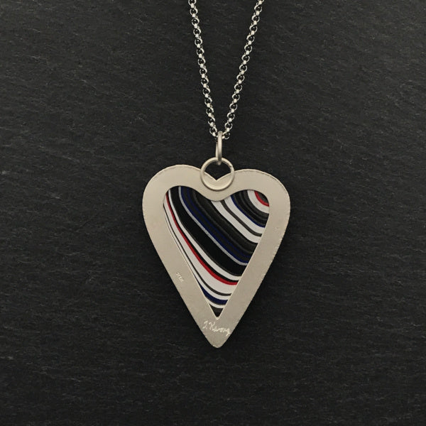 Back view of Fordite Heart Shaped Pendant Necklace 7 by tkmetalarts on sterling silver setting, comes on an 18 to 20 inch chain