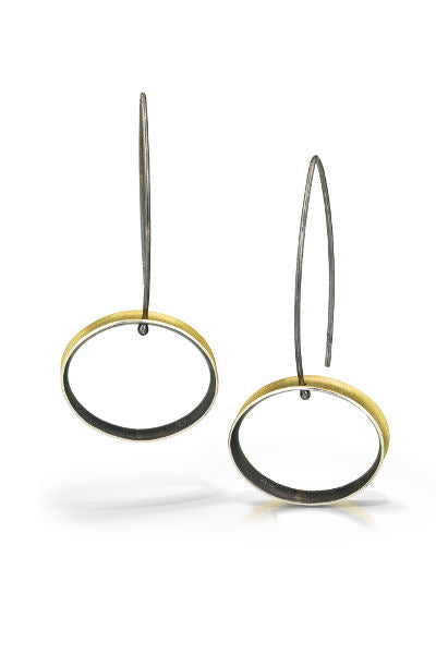 Slims Earrings, long dangles of oval shape of oxidized sterling silver and 18k gold bimetal