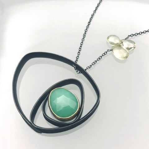 Glasgow Necklace with green chrysoprase and lemon quartz sterling silver 18k yellow gold 20 inch chain