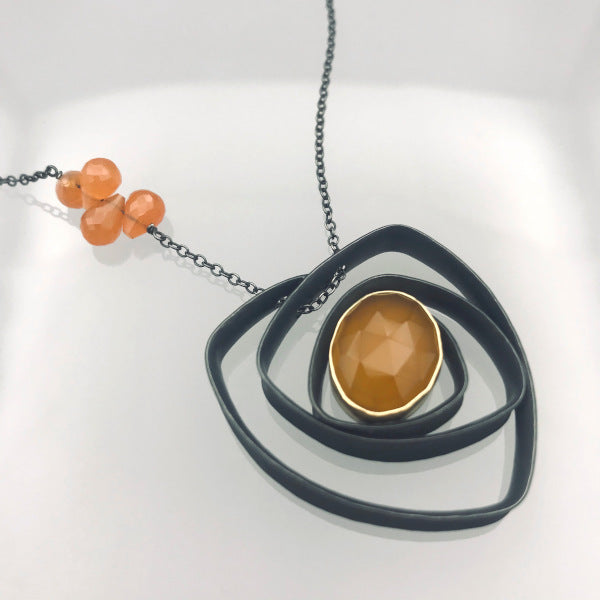 Glasgow Necklace with yellow chalcedony set in 18k gold orange carnelian beads oxidized sterling silver